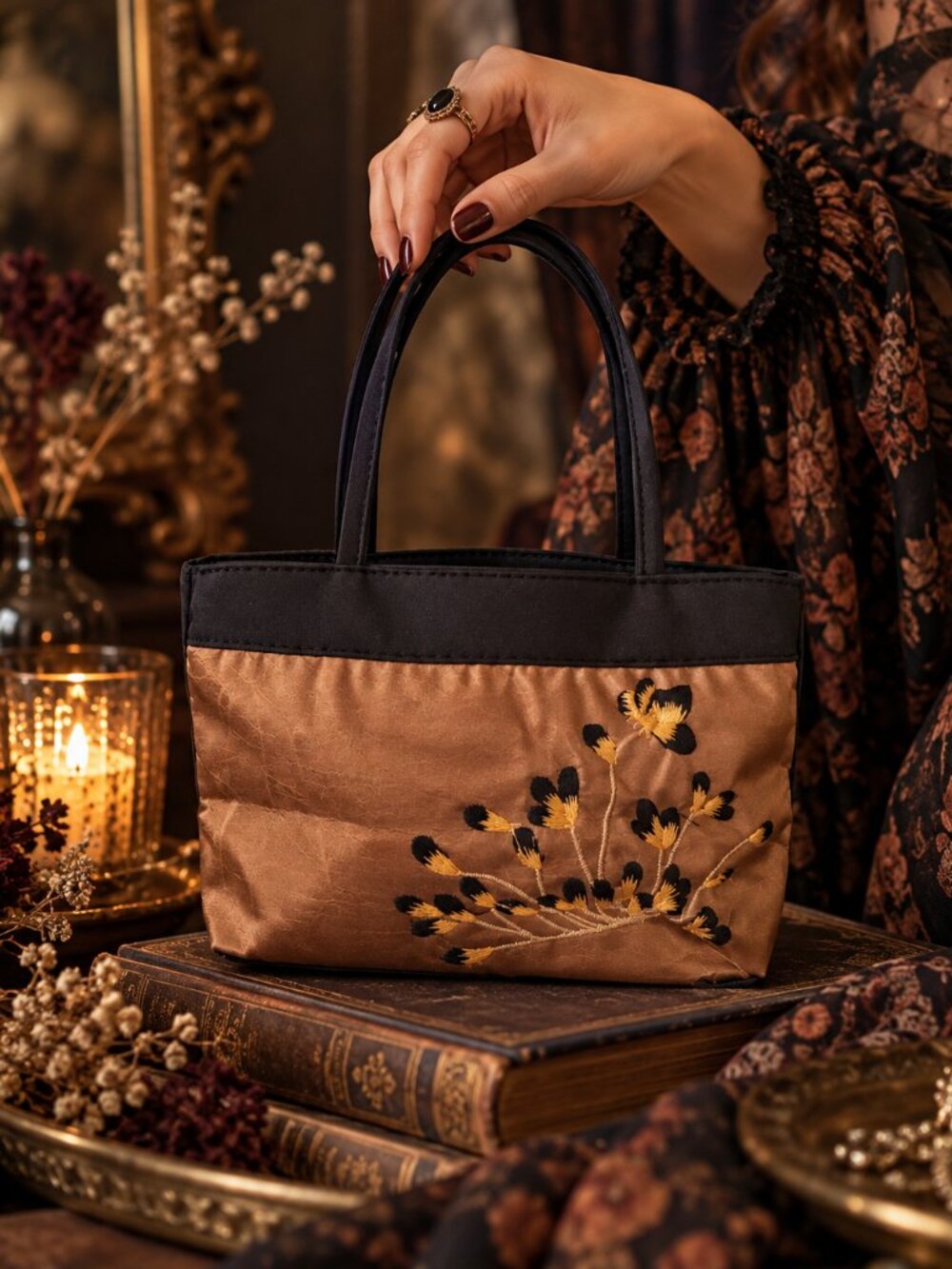 Embroidered Floral Mini Tote Handbag Brown Black Boho Artsy Vintage Inspired